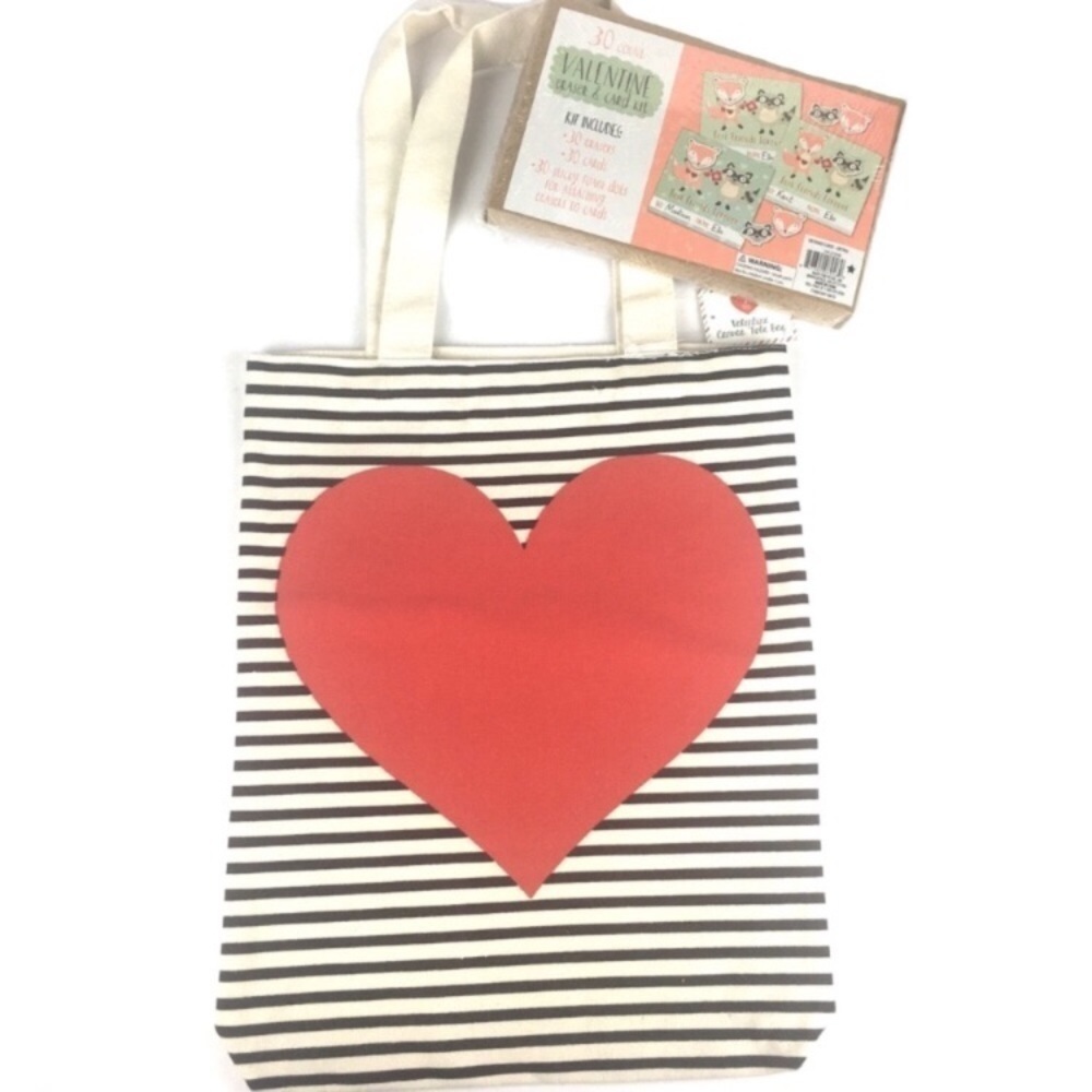 VALENTINES Heart Canvas Tote Bag Stripes Eraser & Card Kit Classroom Party Kit